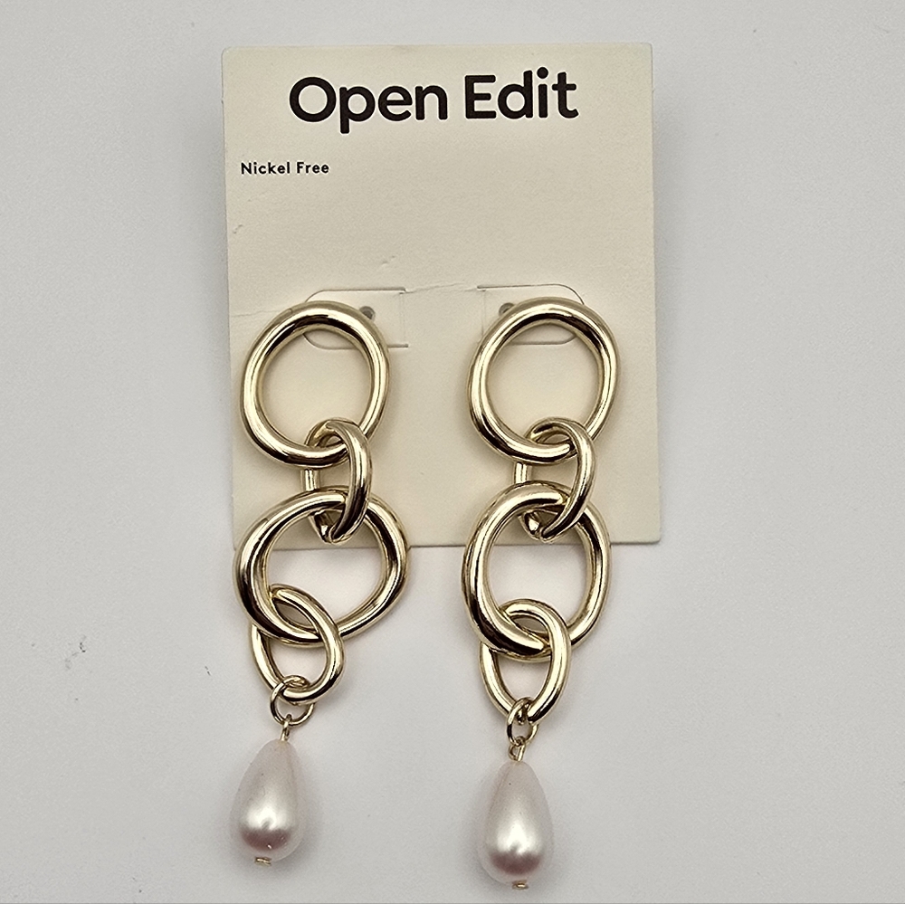 Open Edit Gold Chain Faux Pearl Dangle Drop Earrings